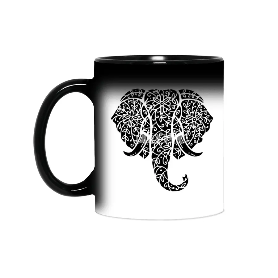 Ornate Elephant (Black on White) Sihirli Kupa