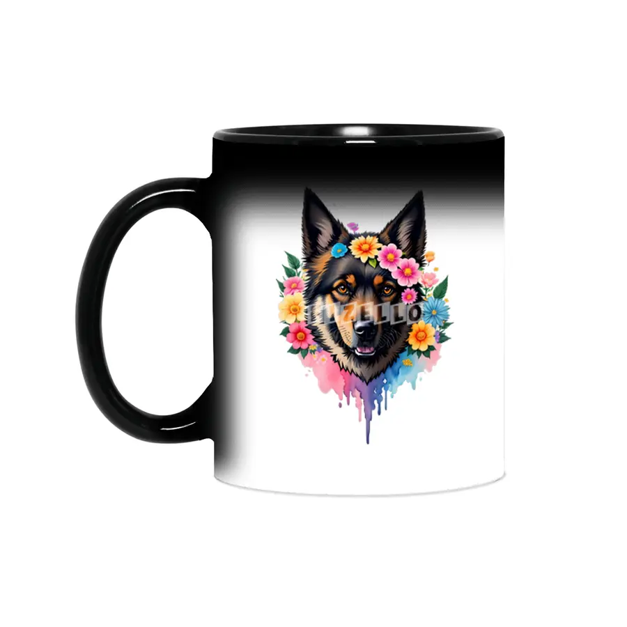 Cute Retro German Shepard Dog with Colorful Flowers Sihirli Kupa