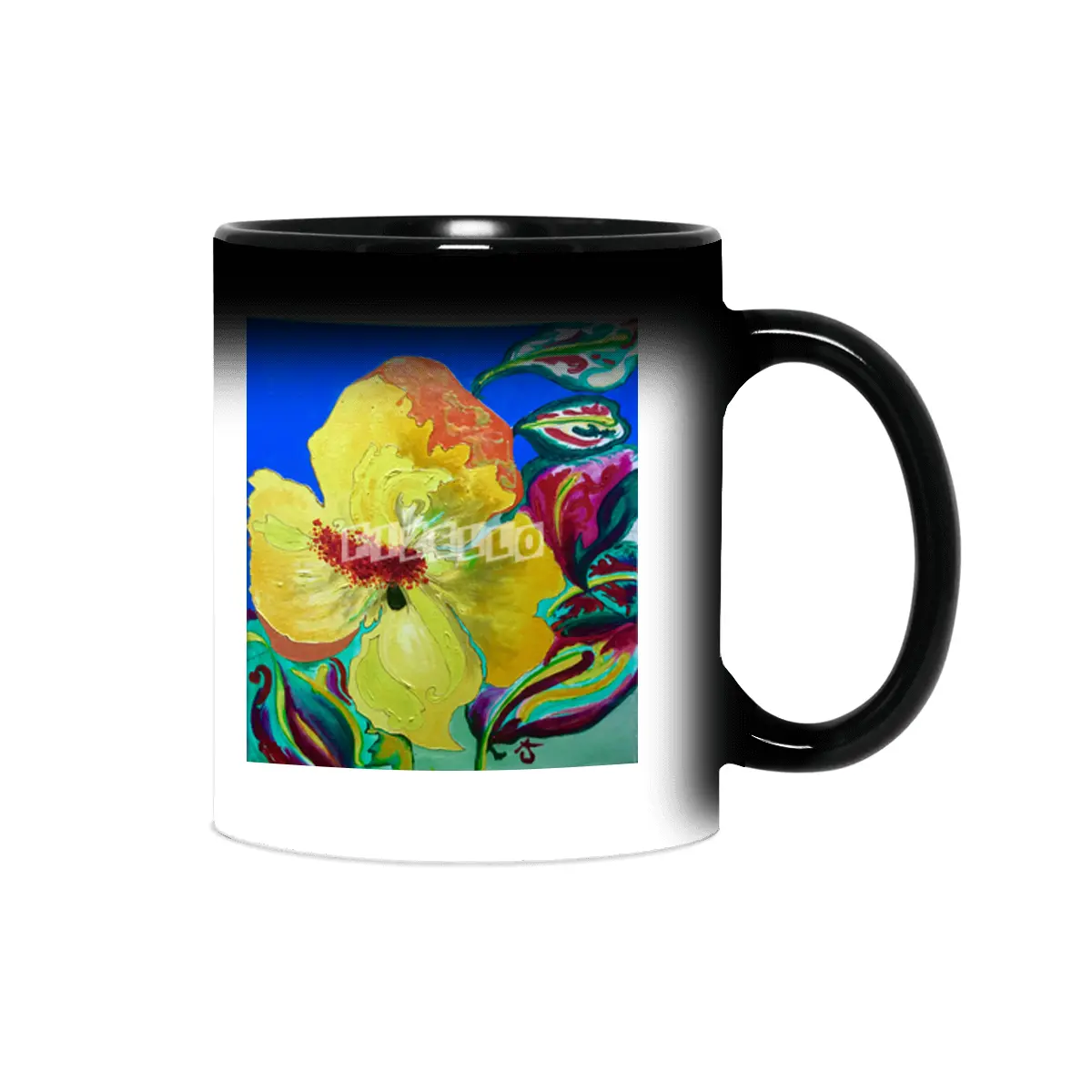 Birthday Acrylic Yellow Orange Hibiscus Flower Painting with Red and Green Leaves Sihirli Kupa