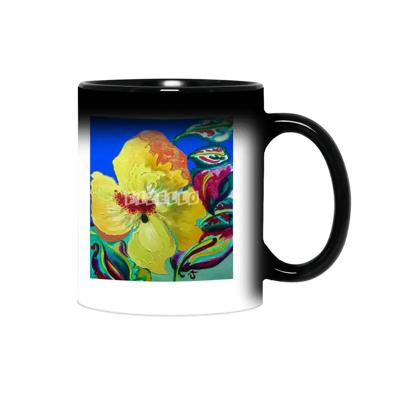 Birthday Acrylic Yellow Orange Hibiscus Flower Painting with Red and Green Leaves Sihirli Kupa
