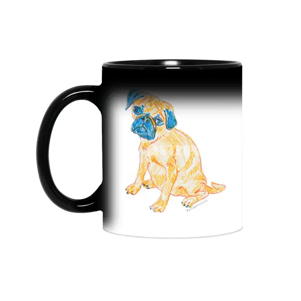 Colorful artistic shy puppy Pug drawing design in orange and blue Sihirli Kupa