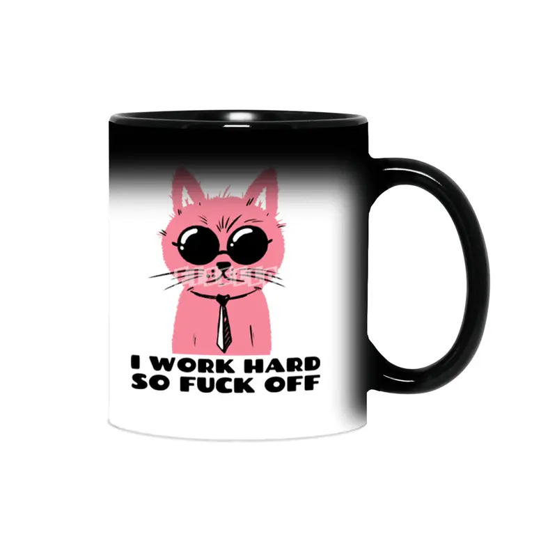 I work hard so fuck off- pink cat with shades- graphic design- black text Sihirli Kupa