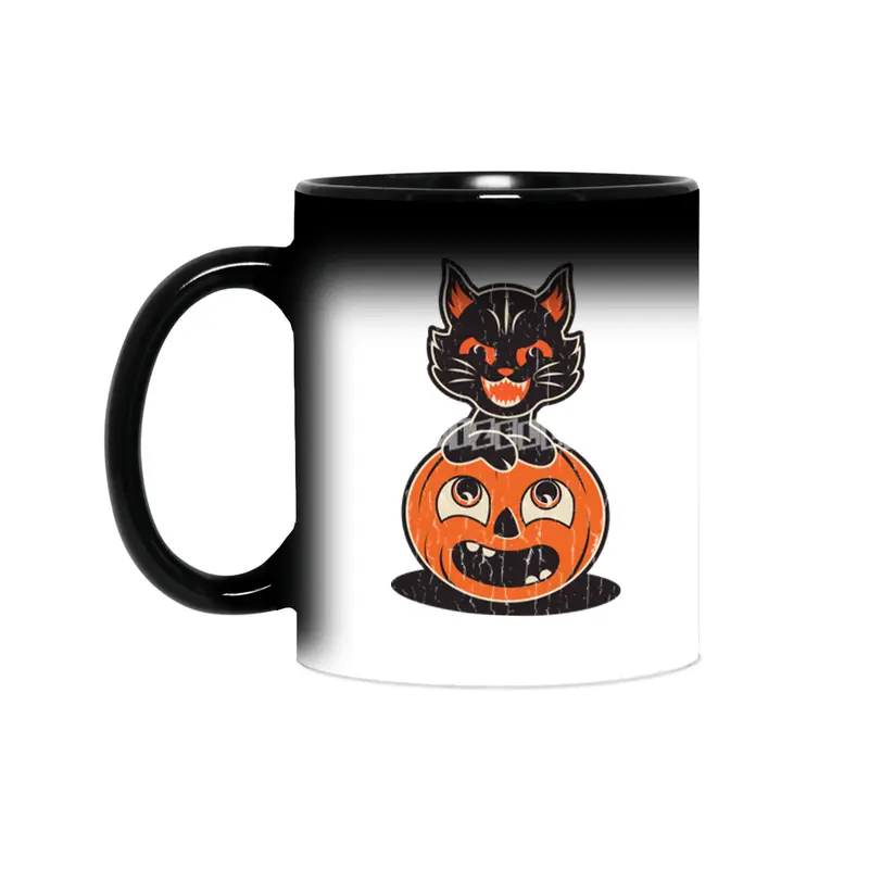 Retro Halloween Cat and Pumpkin Sihirli Kupa