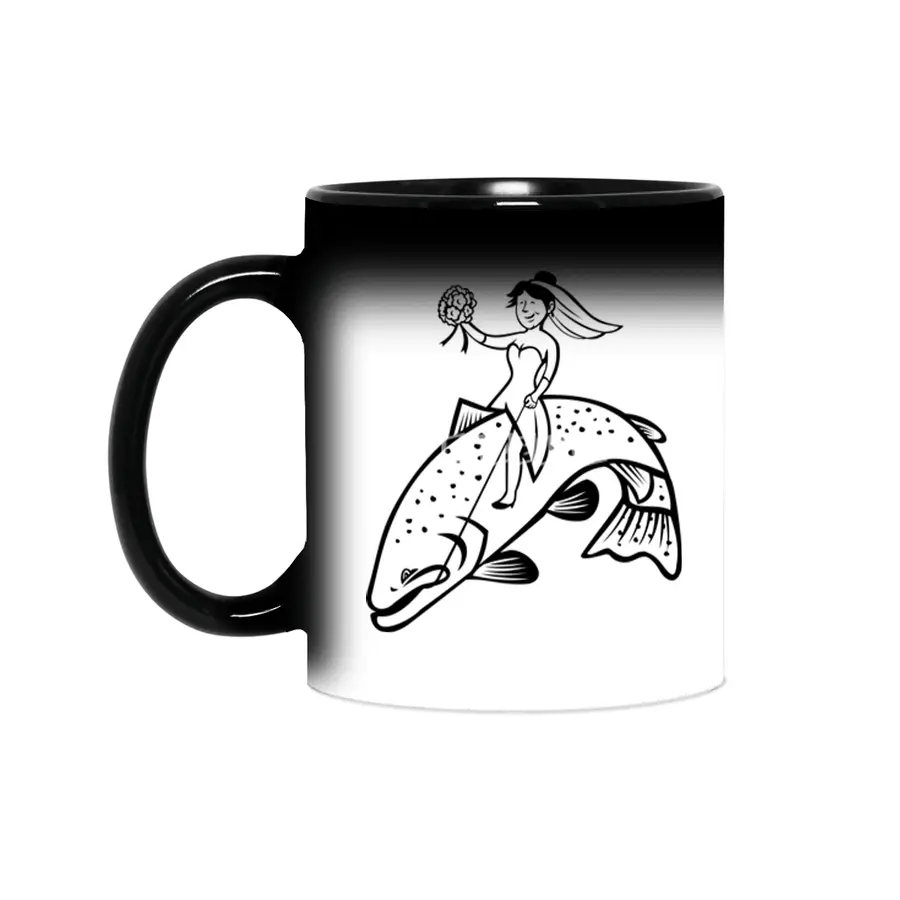 Bride Female Fisherman with Flower Bouquet Riding a Steelhead Trout Cartoon Black and White Sihirli Kupa