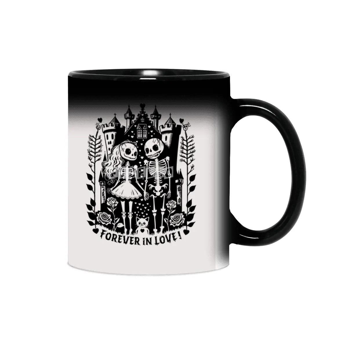 Forever in Love - creepy Bride and groom Skeleton in front of a Castle, Roses, cute Cat and Hearts Sihirli Kupa