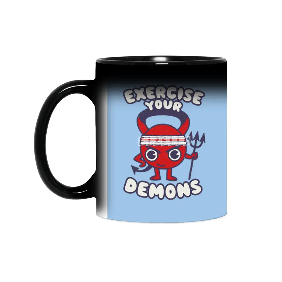 Exercise Your Demon - Humorous Cartoon Gym Funny Workout Graphic Sihirli Kupa