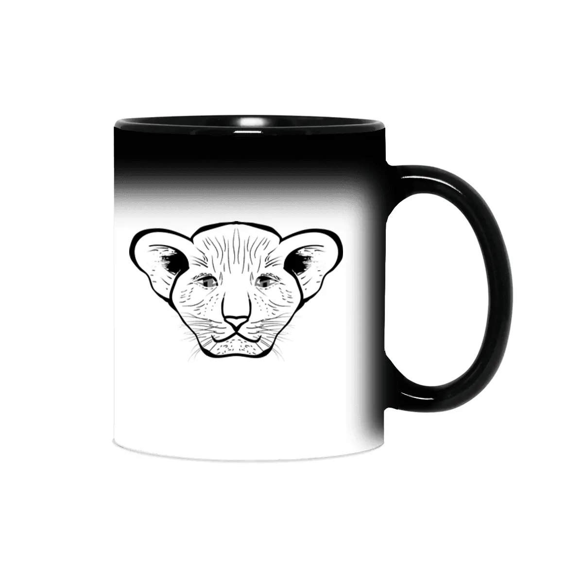 Black silhouette of a lion cub face. Lovely lion for pam, moms and toddlers, accessories. Sihirli Kupa