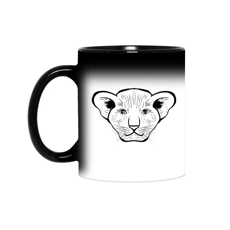 Black silhouette of a lion cub face. Lovely lion for pam, moms and toddlers, accessories. Sihirli Kupa