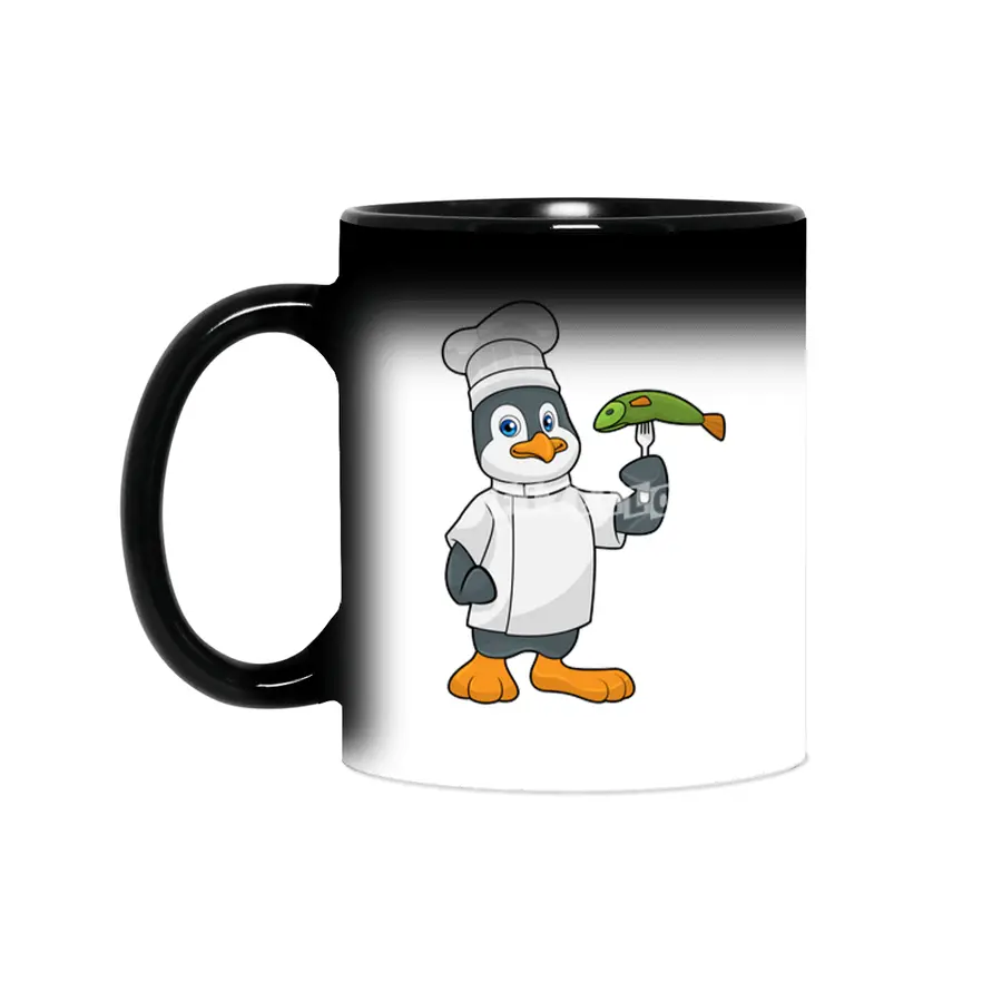 Penguin as Cook with Fish & Cooking apron Sihirli Kupa
