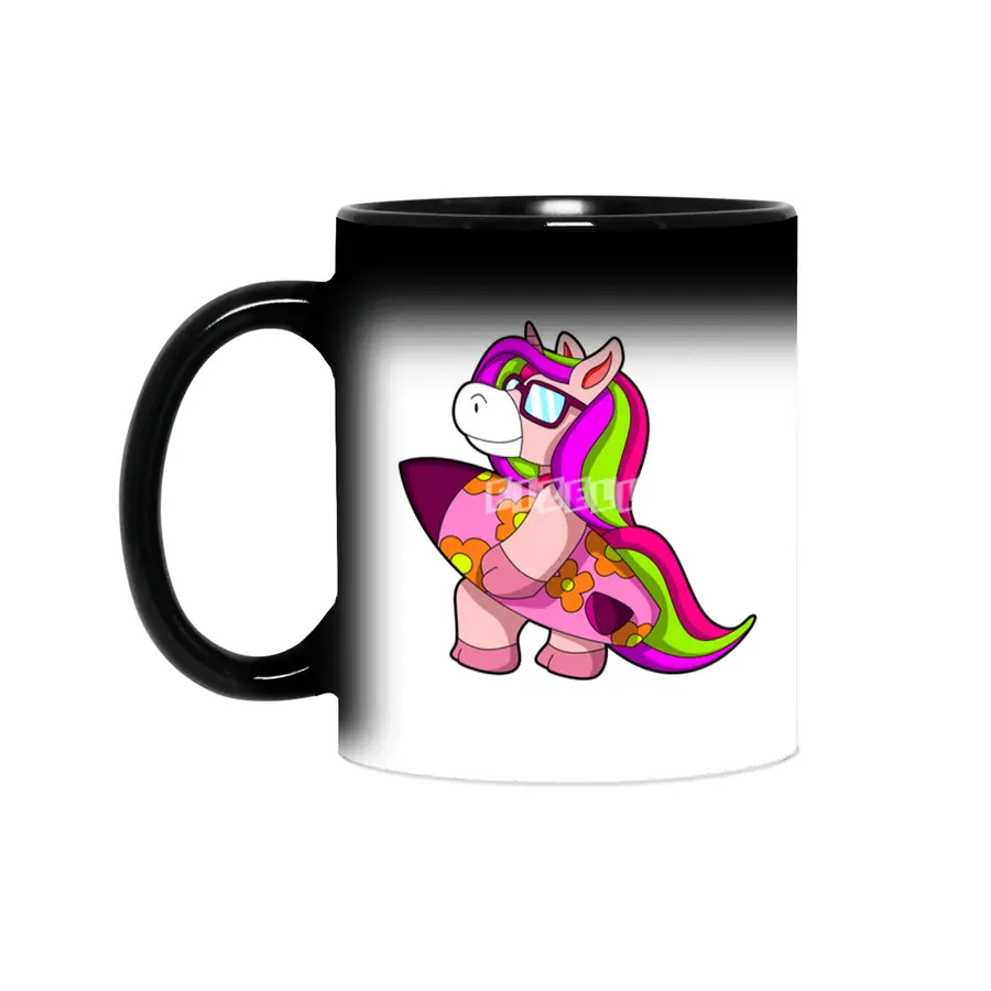 Unicorn as Surfer with Surfboard & Sunglasses Sihirli Kupa