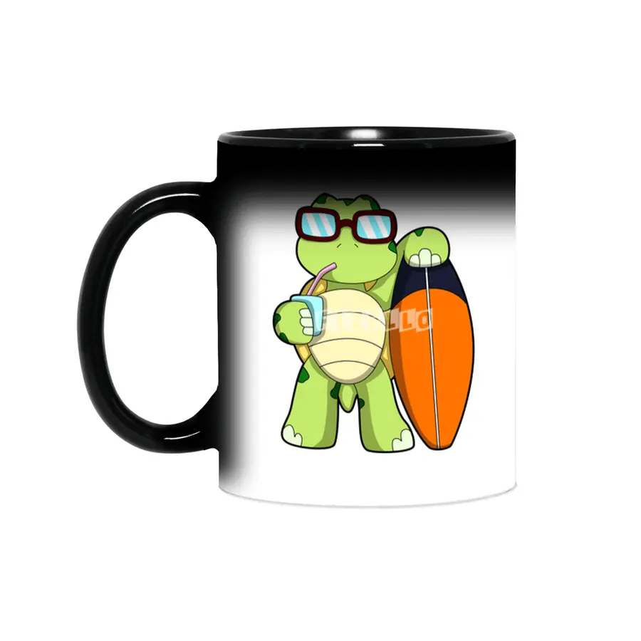 Turtle as Surfer with Surfboard & Drink Sihirli Kupa