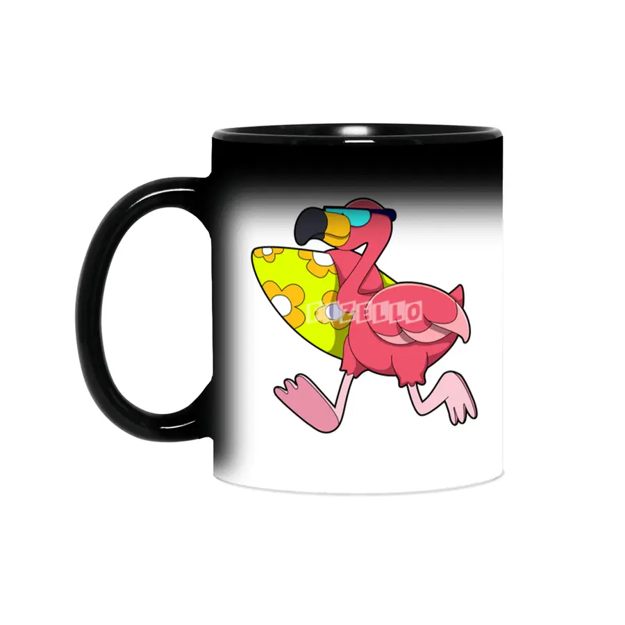 Flamingo as Surfer with Surfboard & Sunglasses Sihirli Kupa