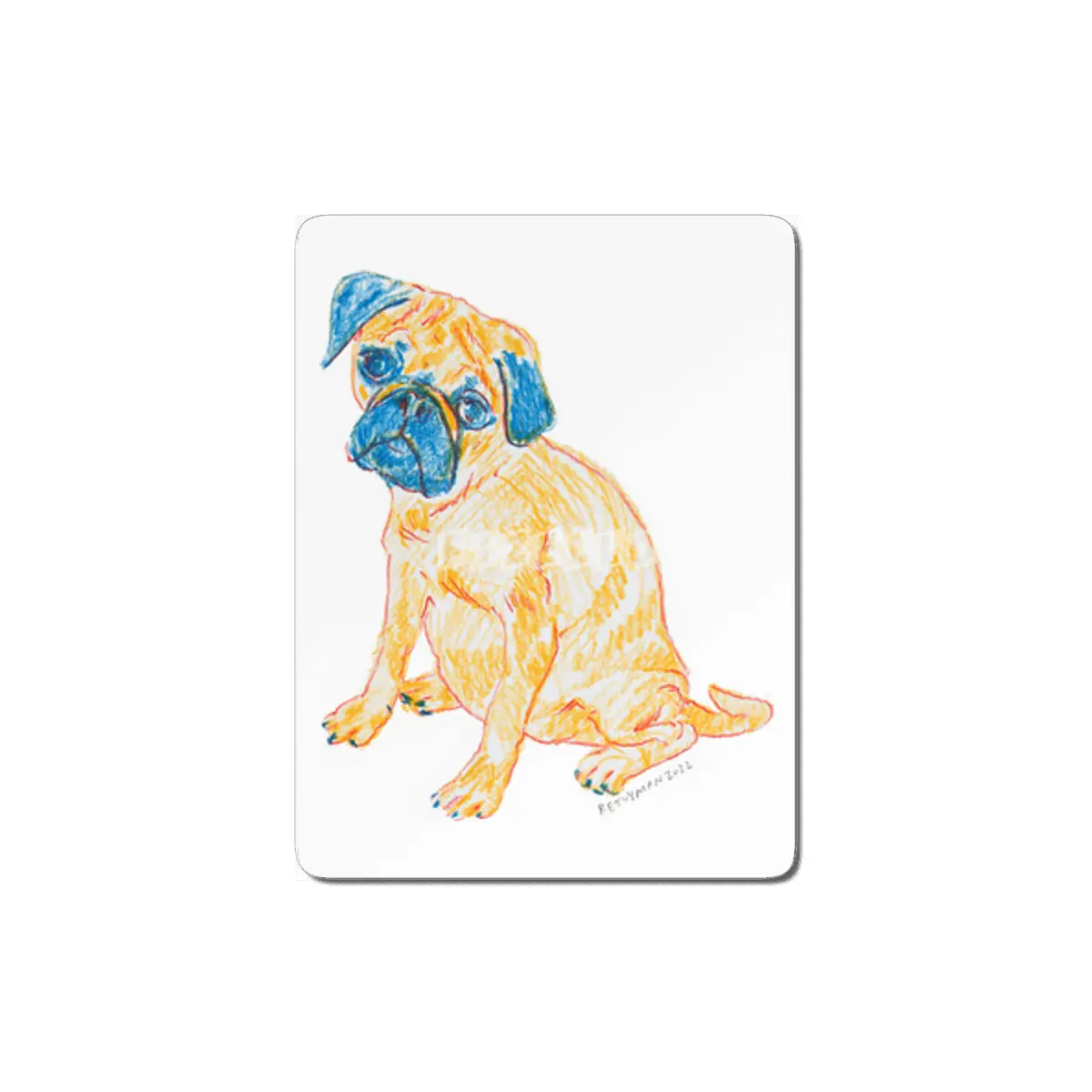 Colorful artistic shy puppy Pug drawing design in orange and blue MDF Tablo