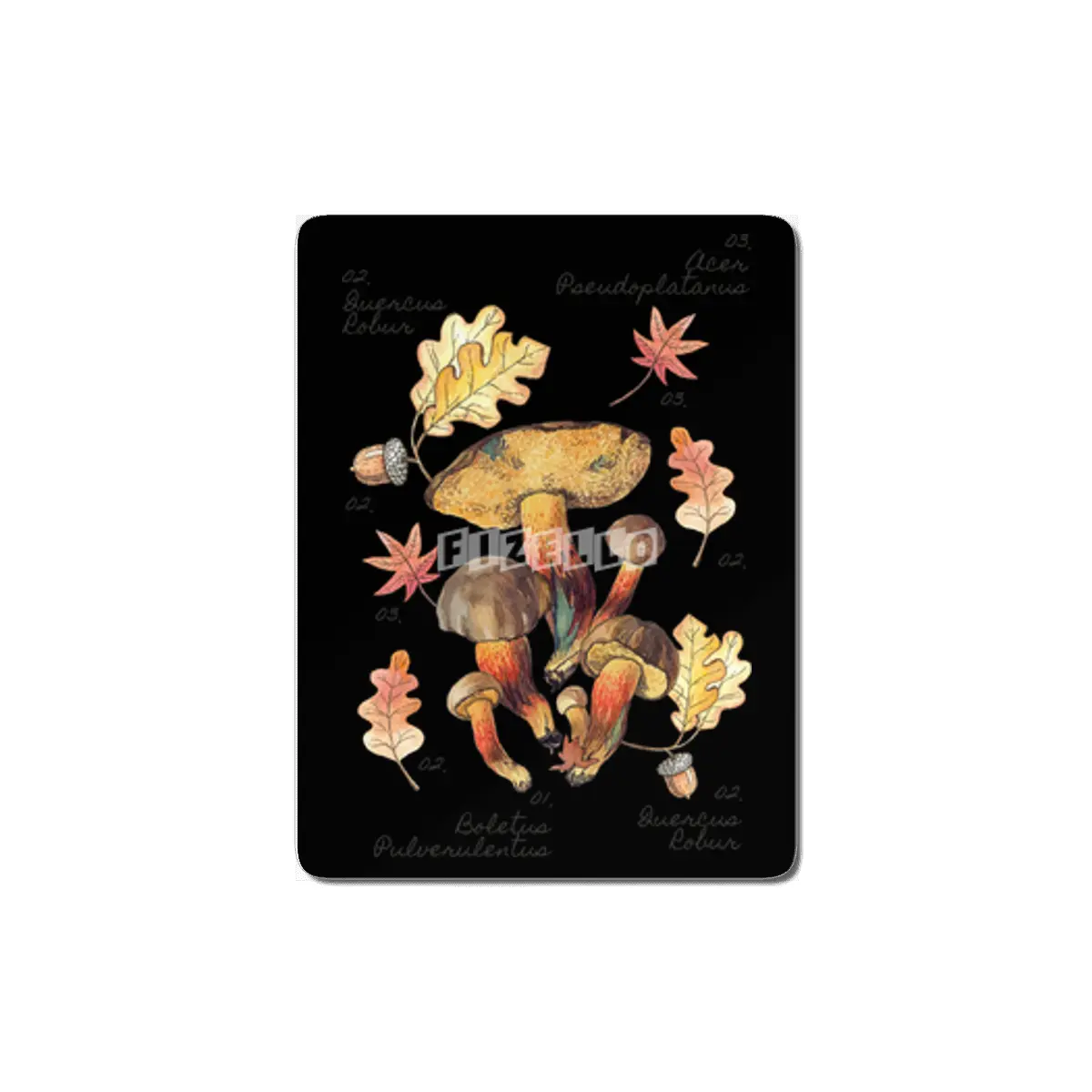 Ink stain bolete Mushroom with autumn oak leaves and botanical illustration MDF Tablo
