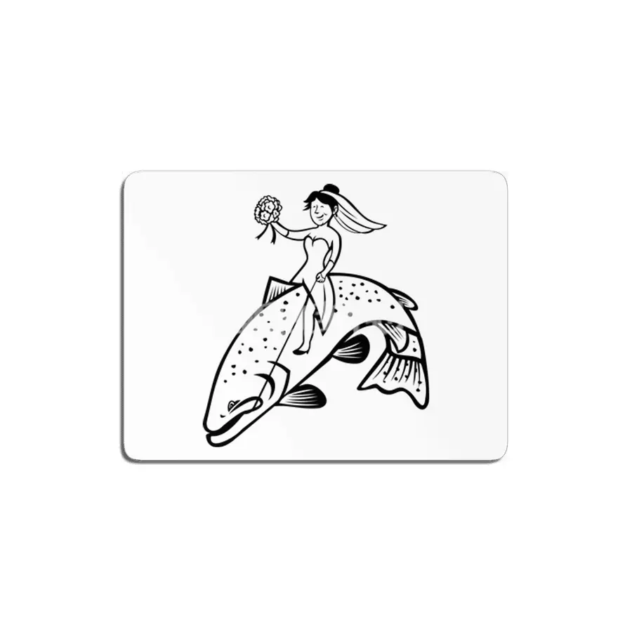 Bride Female Fisherman with Flower Bouquet Riding a Steelhead Trout Cartoon Black and White MDF Tablo