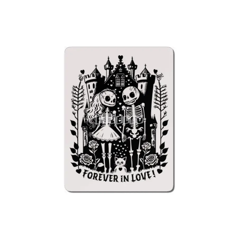 Forever in Love - creepy Bride and groom Skeleton in front of a Castle, Roses, cute Cat and Hearts MDF Tablo