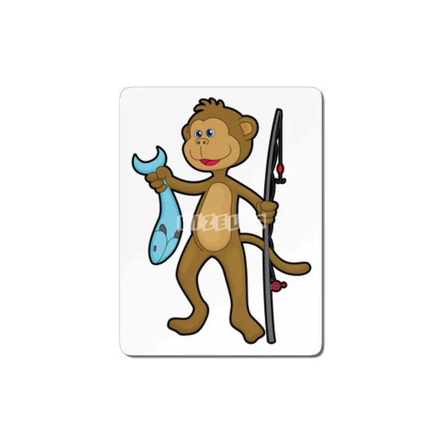 Monkey at Fishing with Fishing rod & Fish MDF Tablo