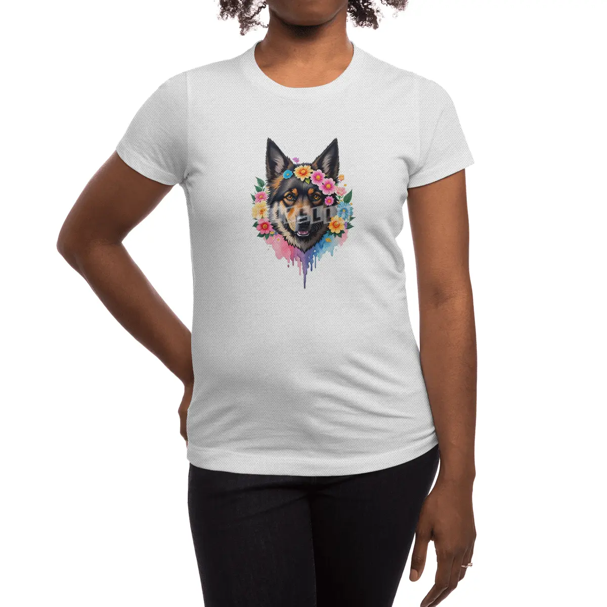 Cute Retro German Shepard Dog with Colorful Flowers Spor T-Shirt