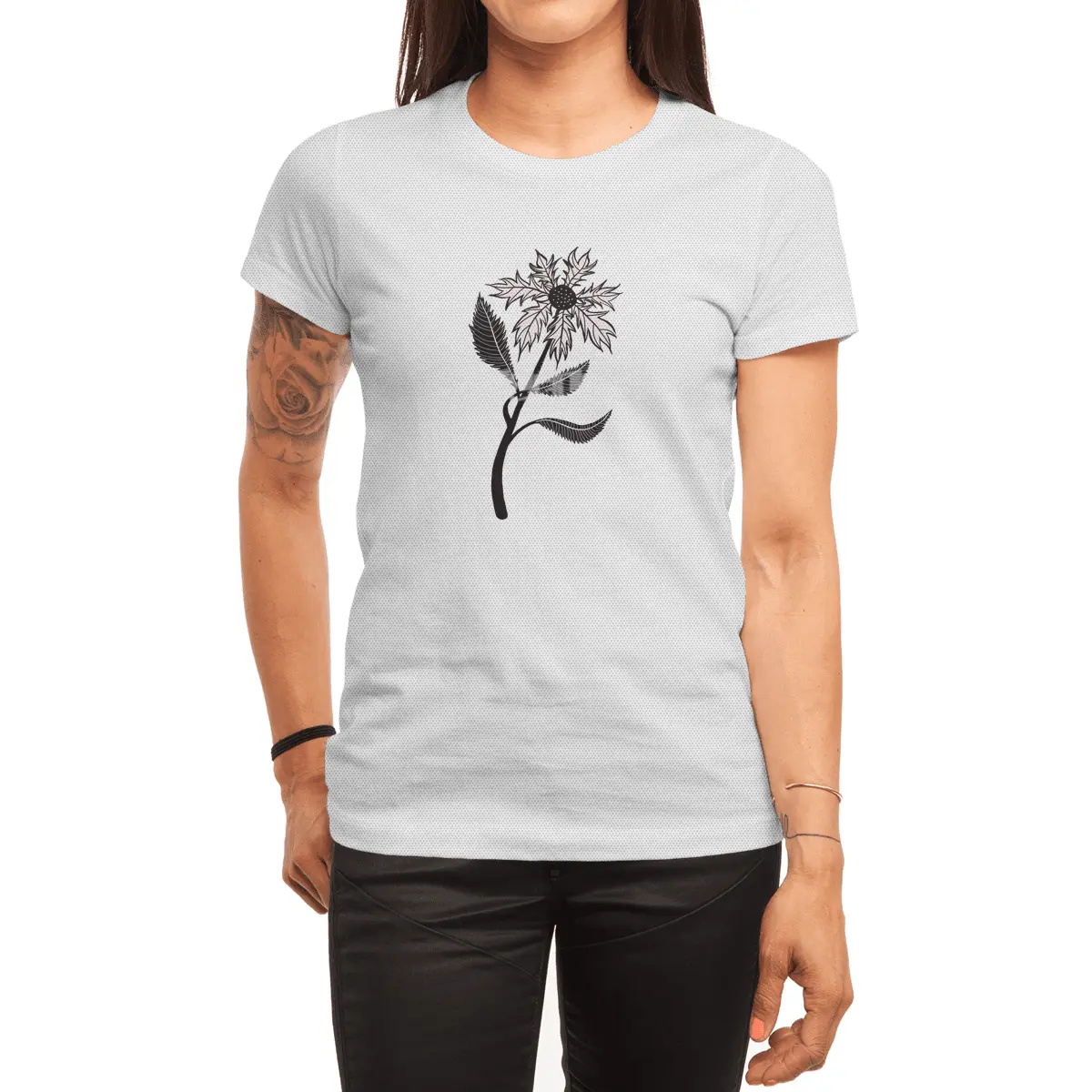 Black And White Flower In Ink Spor T-Shirt