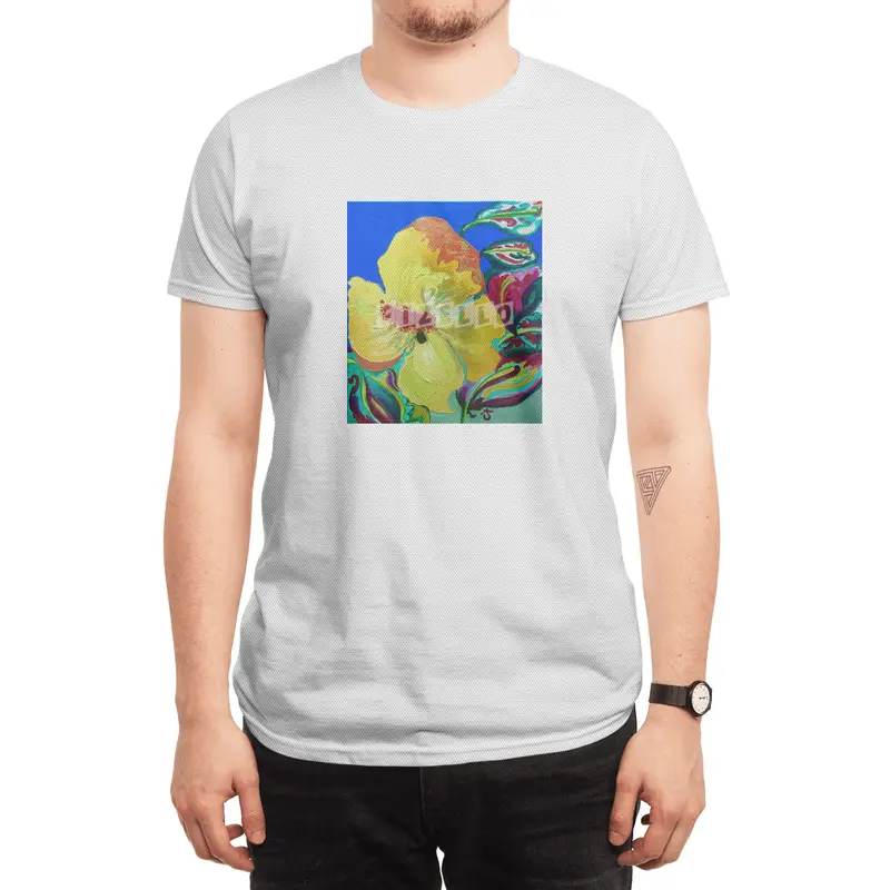 Birthday Acrylic Yellow Orange Hibiscus Flower Painting with Red and Green Leaves Spor T-Shirt
