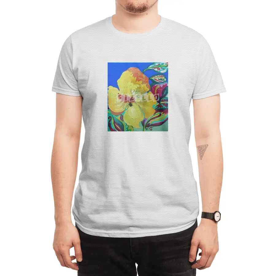 Birthday Acrylic Yellow Orange Hibiscus Flower Painting with Red and Green Leaves Spor T-Shirt