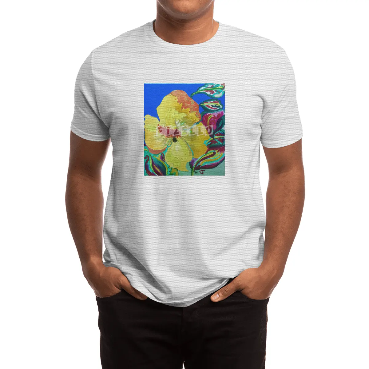 Birthday Acrylic Yellow Orange Hibiscus Flower Painting with Red and Green Leaves Spor T-Shirt