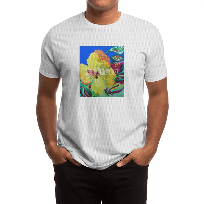 Birthday Acrylic Yellow Orange Hibiscus Flower Painting with Red and Green Leaves Spor T-Shirt