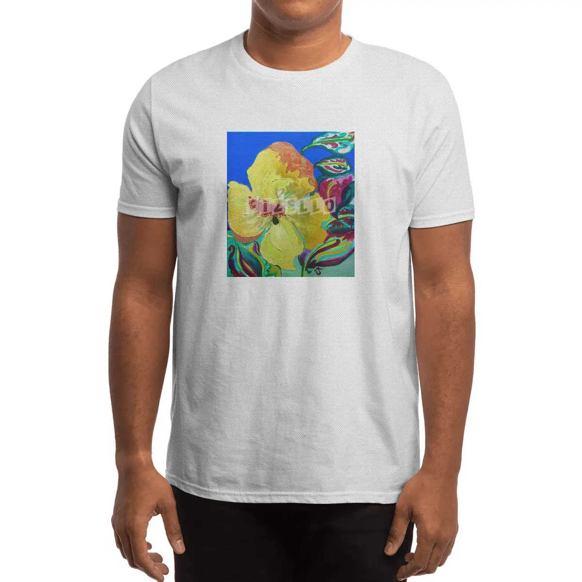Birthday Acrylic Yellow Orange Hibiscus Flower Painting with Red and Green Leaves Spor T-Shirt