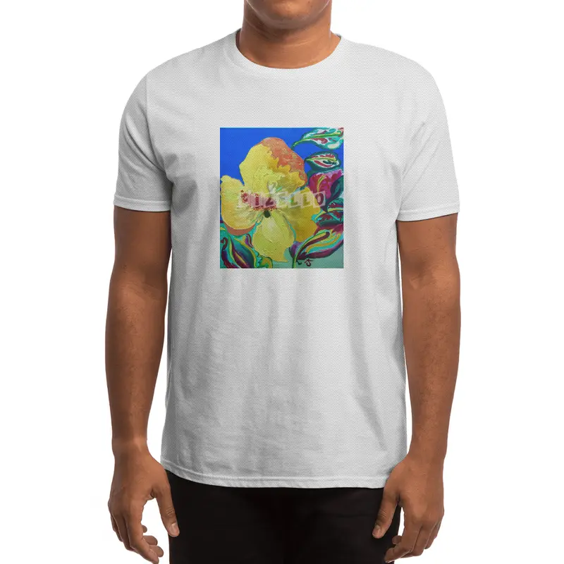 Birthday Acrylic Yellow Orange Hibiscus Flower Painting with Red and Green Leaves Spor T-Shirt