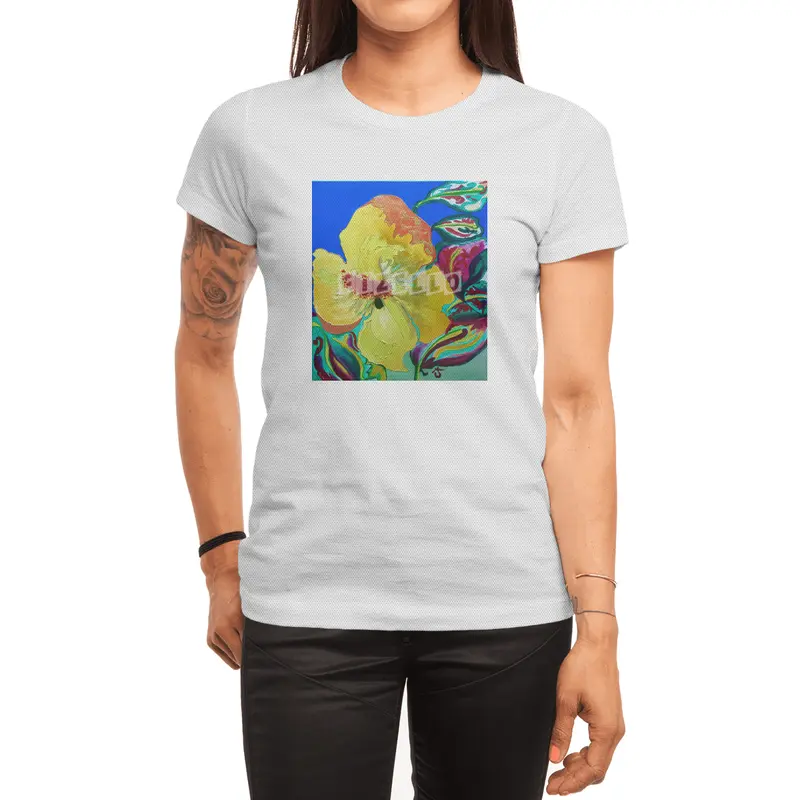 Birthday Acrylic Yellow Orange Hibiscus Flower Painting with Red and Green Leaves Spor T-Shirt