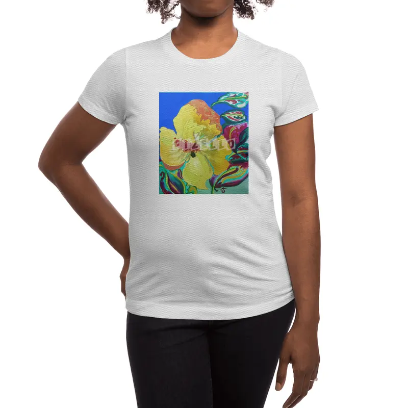 Birthday Acrylic Yellow Orange Hibiscus Flower Painting with Red and Green Leaves Spor T-Shirt