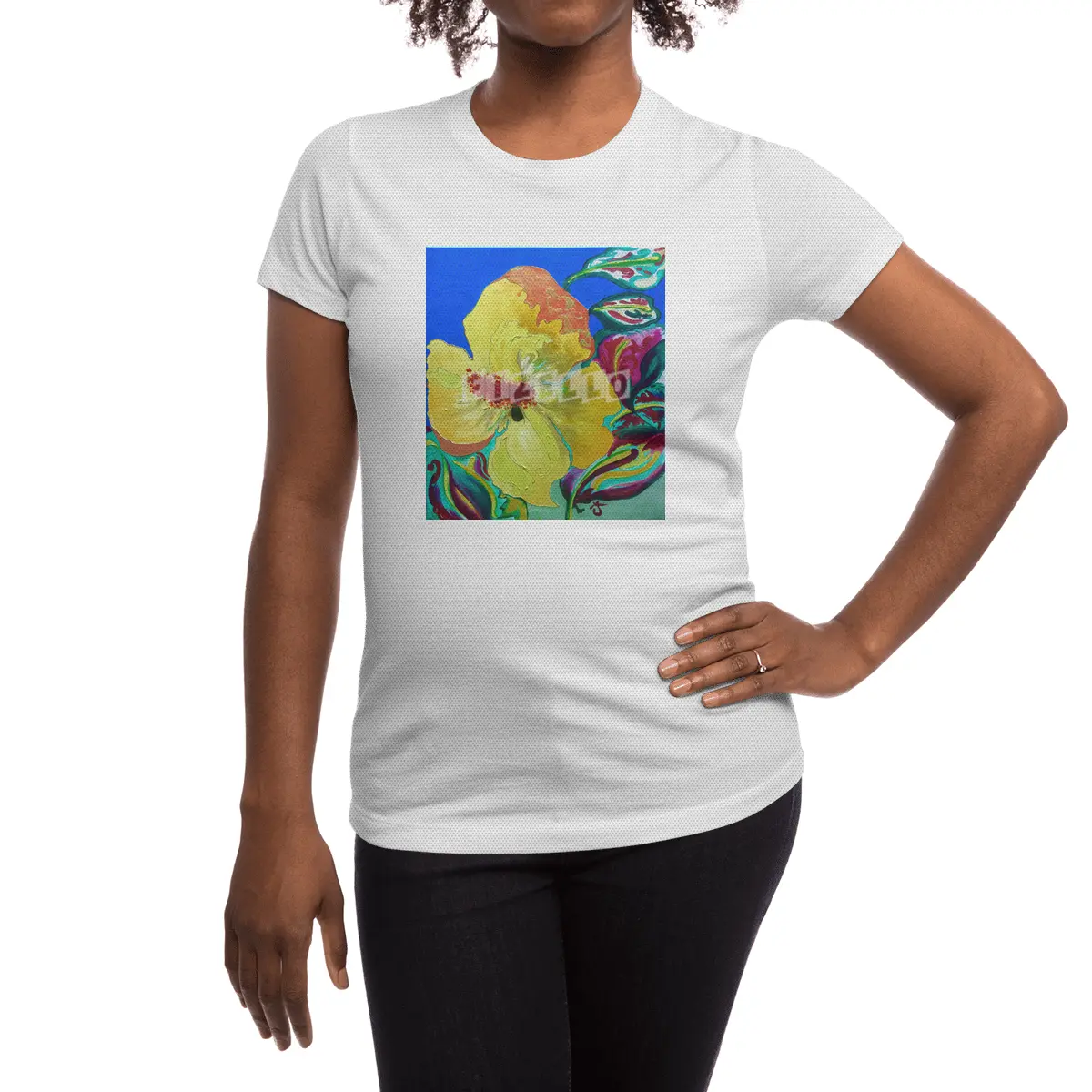 Birthday Acrylic Yellow Orange Hibiscus Flower Painting with Red and Green Leaves Spor T-Shirt