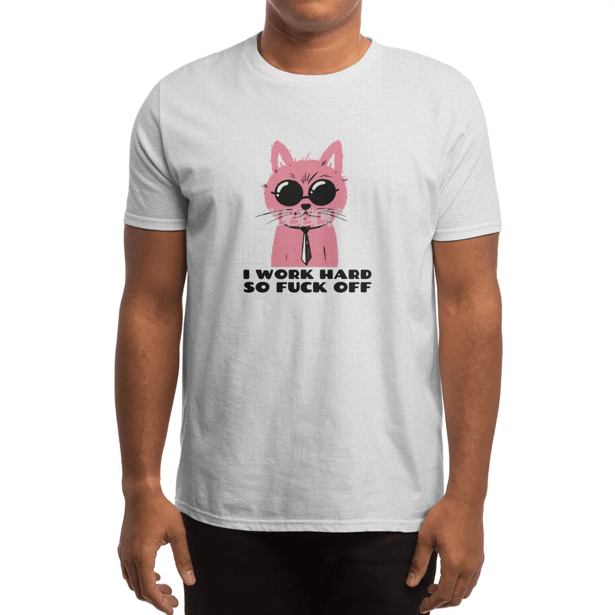 I work hard so fuck off- pink cat with shades- graphic design- black text Spor T-Shirt