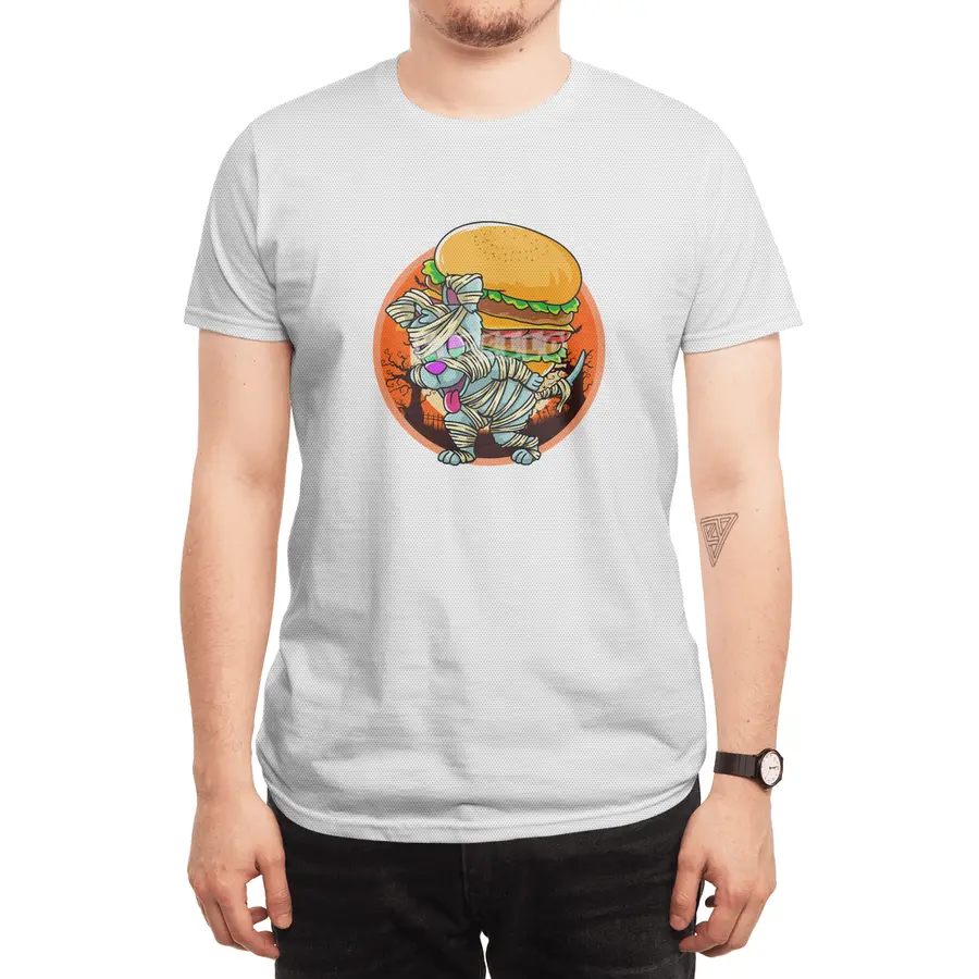 Cute Spooky Halloween Mummy Dog with Burger Spor T-Shirt