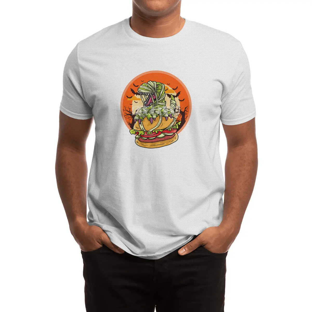 Cute Spooky Halloween Mummy T-Rex with Burger Spor T-Shirt