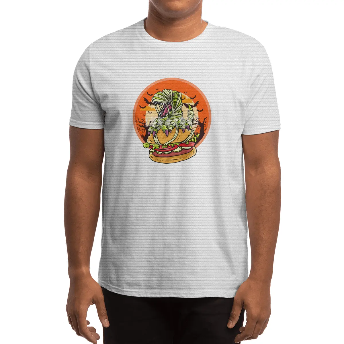 Cute Spooky Halloween Mummy T-Rex with Burger Spor T-Shirt