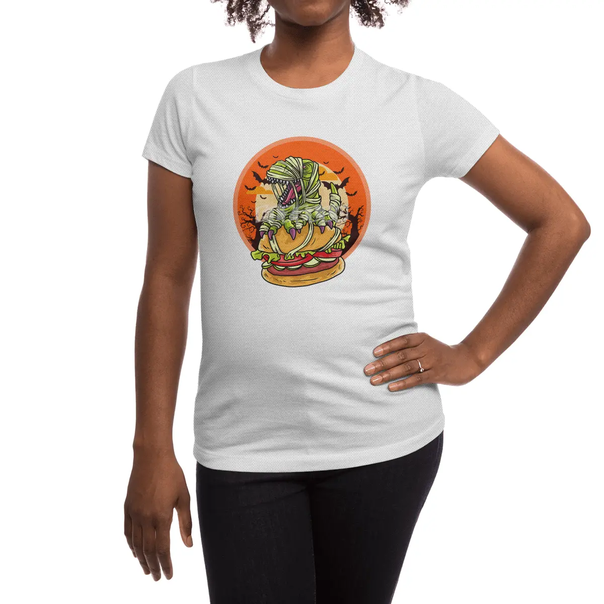 Cute Spooky Halloween Mummy T-Rex with Burger Spor T-Shirt