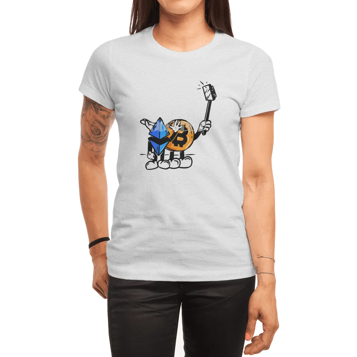 Crypto BFF - Bitcoin and Ethereum Cartoon Selfie Spor T-Shirt