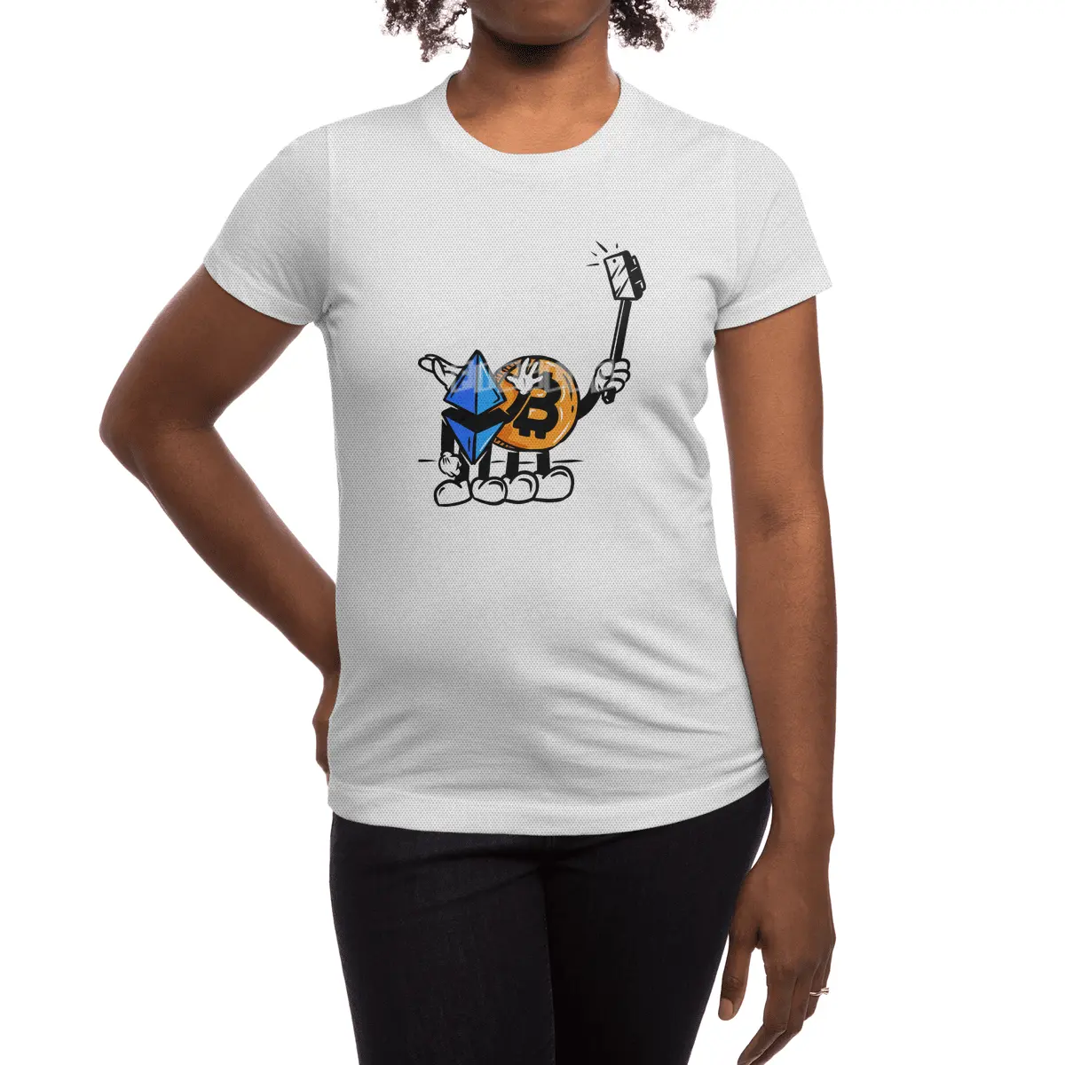 Crypto BFF - Bitcoin and Ethereum Cartoon Selfie Spor T-Shirt