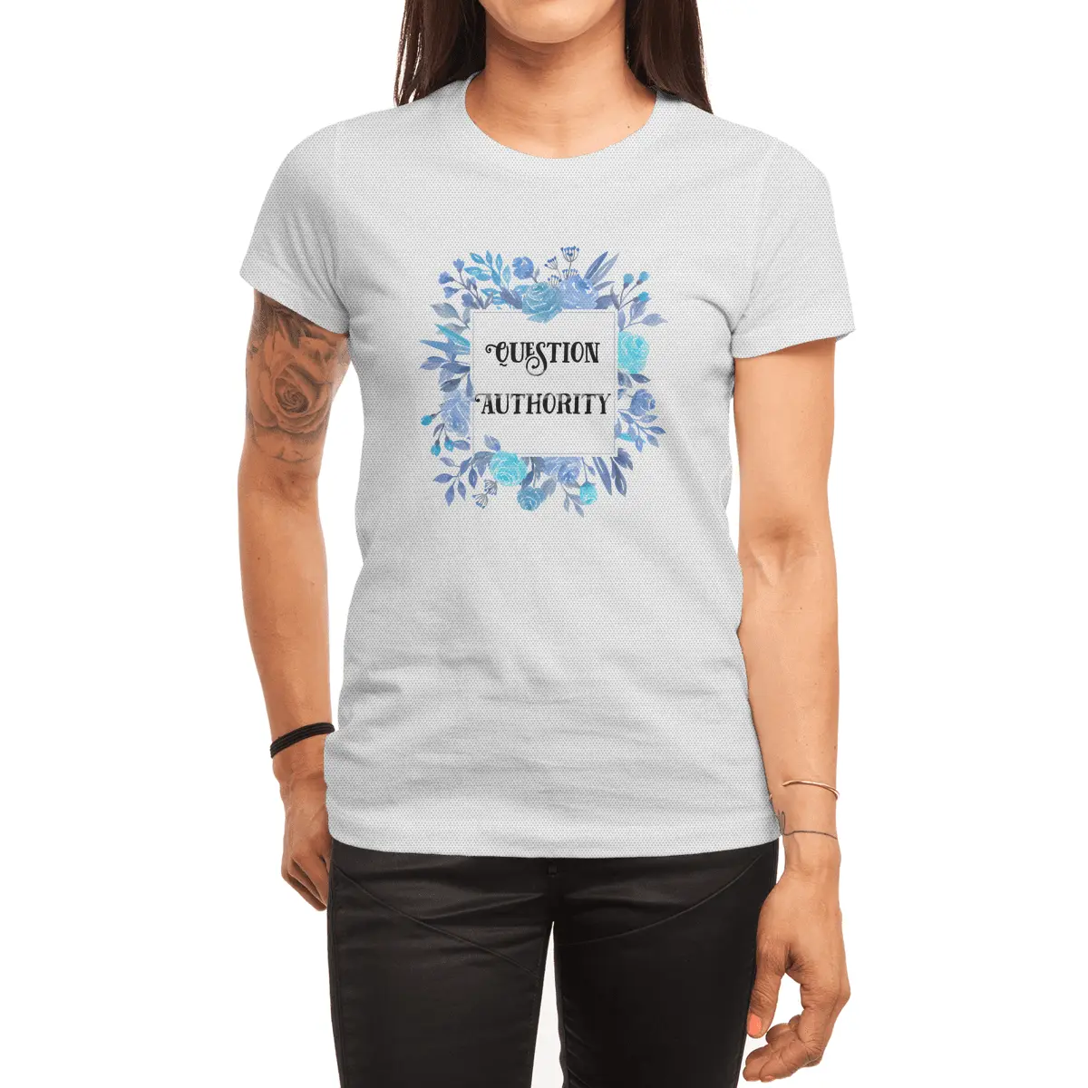 Blue Floral 'Question Authority' Print Spor T-Shirt