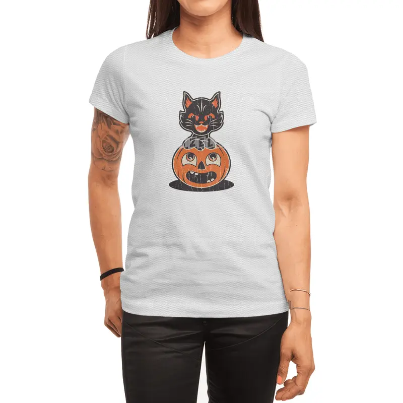 Retro Halloween Cat and Pumpkin Spor T-Shirt