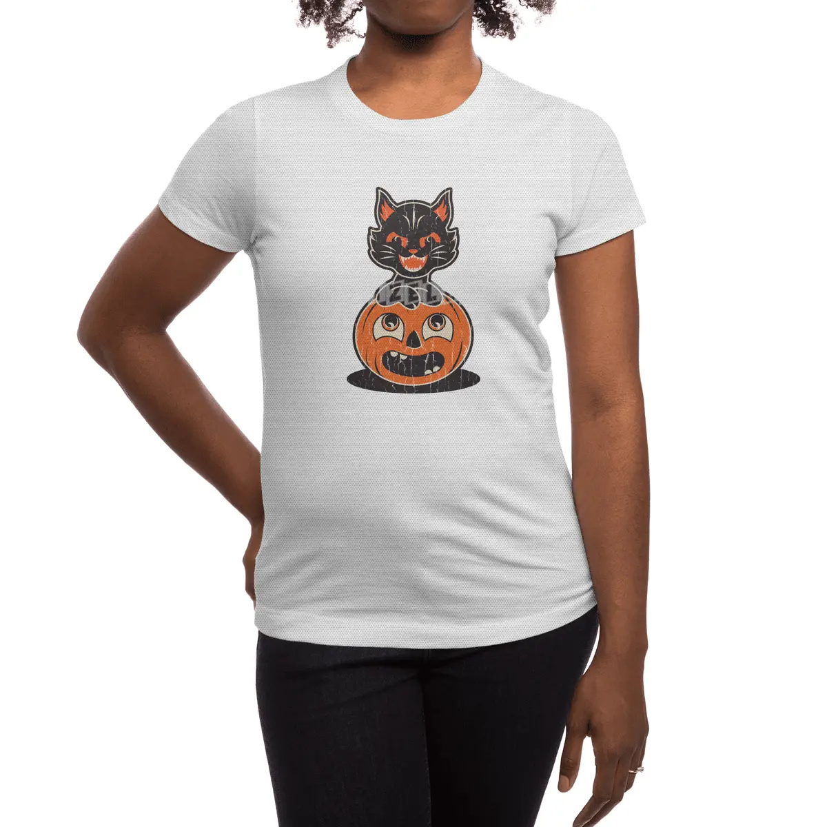 Retro Halloween Cat and Pumpkin Spor T-Shirt