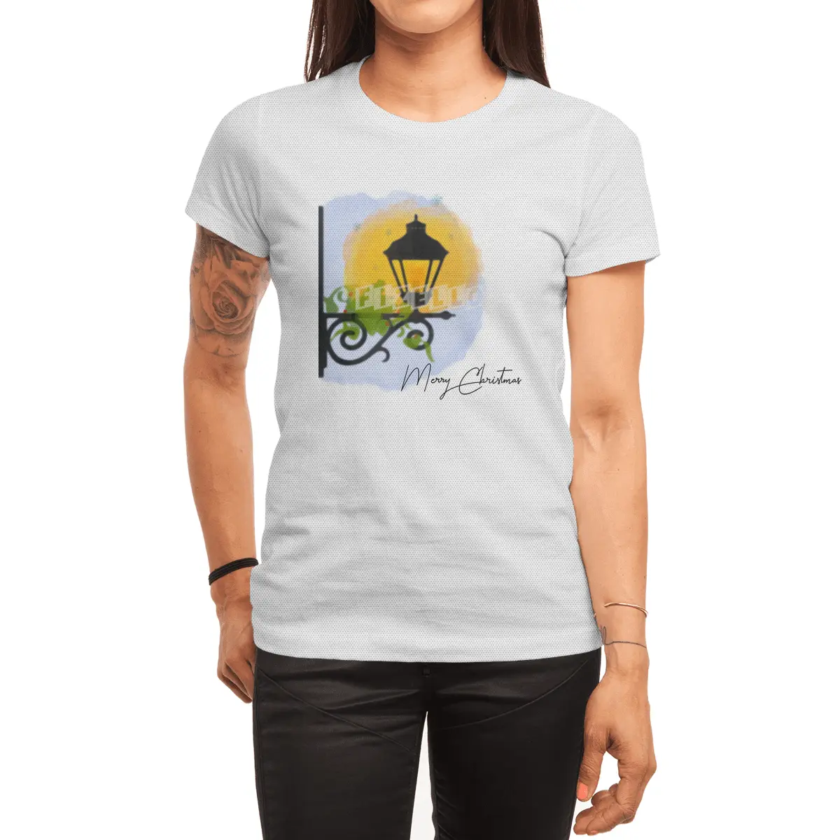 Merry Christmas Watercolor lamp post (black) Spor T-Shirt