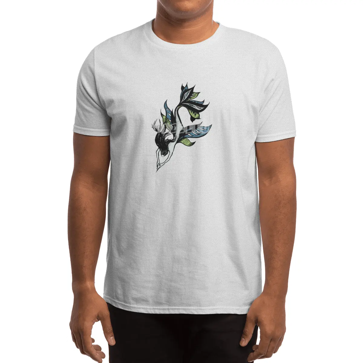Beautiful Mermaid Drawn Tattoo Style In Blue Green Spor T-Shirt