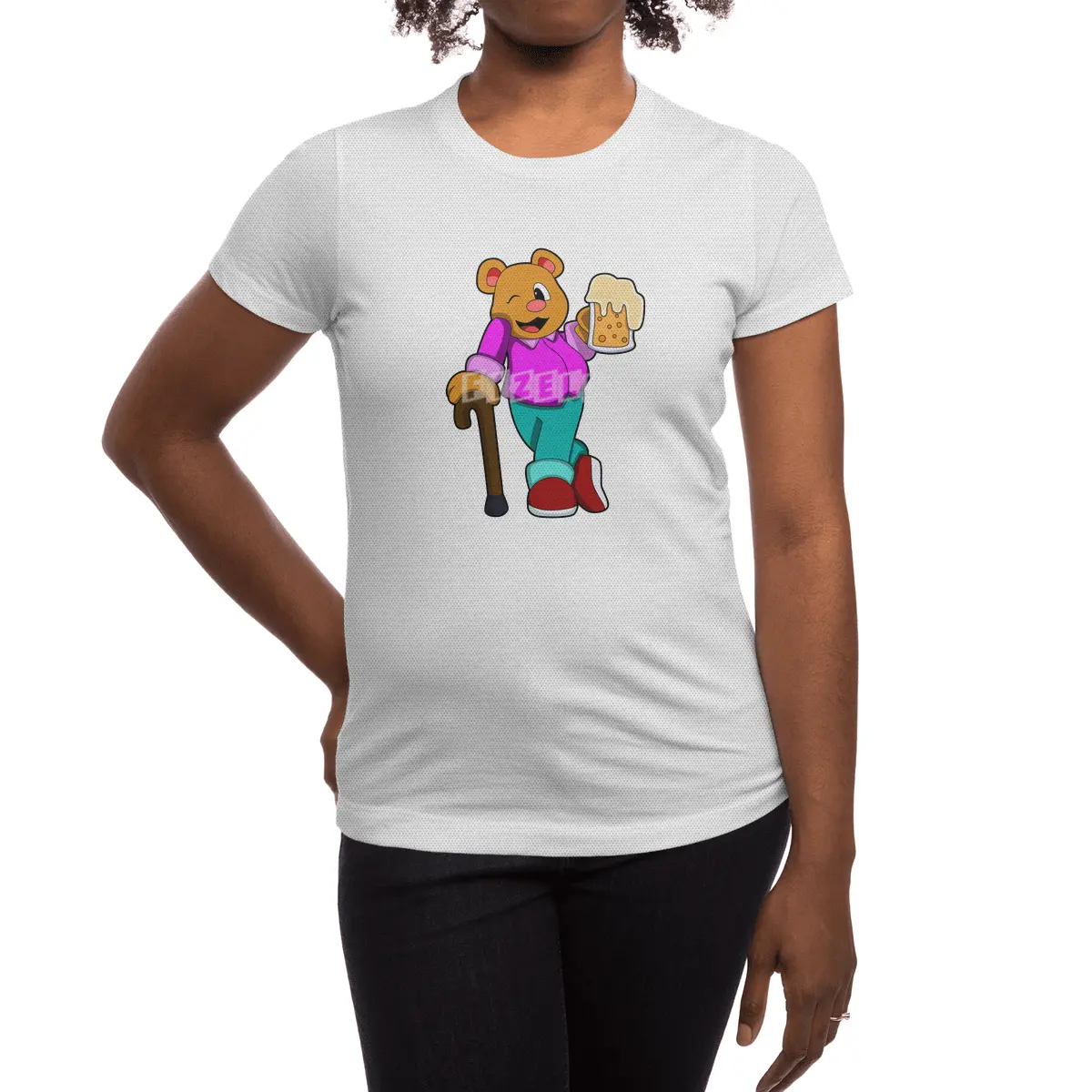Bear with Glass of Beer & Walkingstick Spor T-Shirt