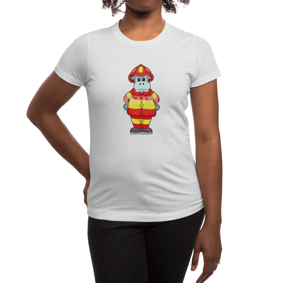 Hippo as Firefighter at Fire department with Hat Spor T-Shirt