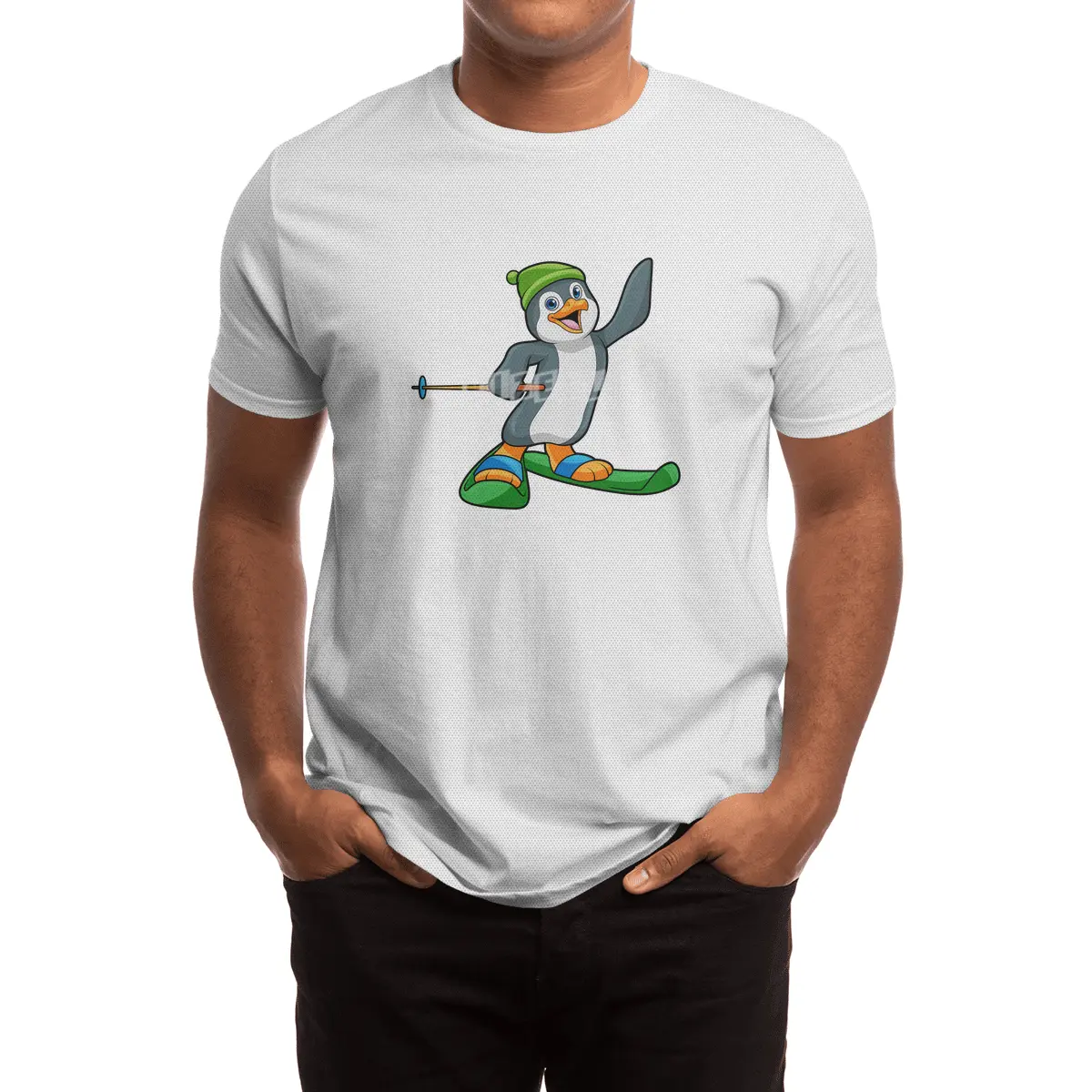Penguin as Skier with Ski & Cap Spor T-Shirt