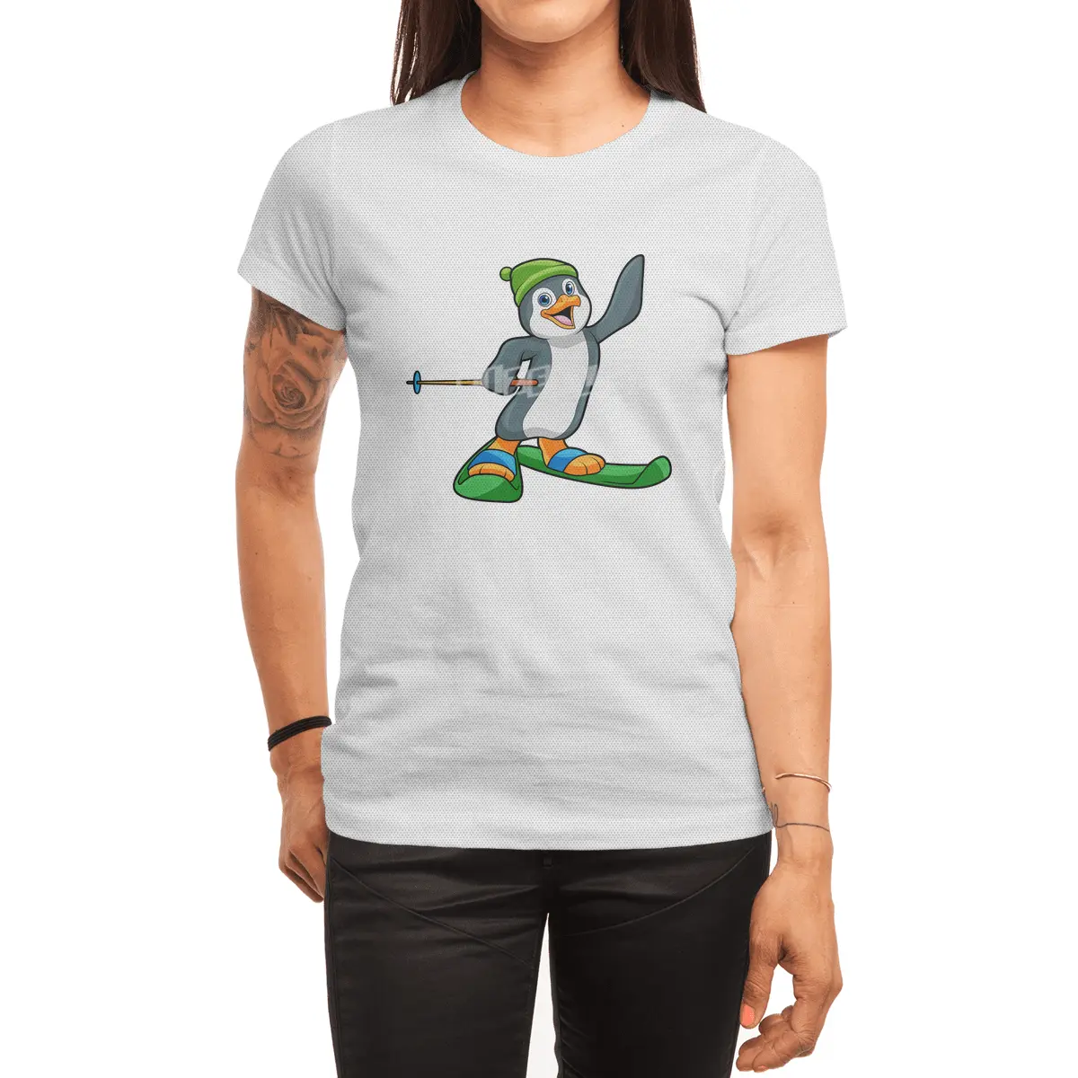 Penguin as Skier with Ski & Cap Spor T-Shirt