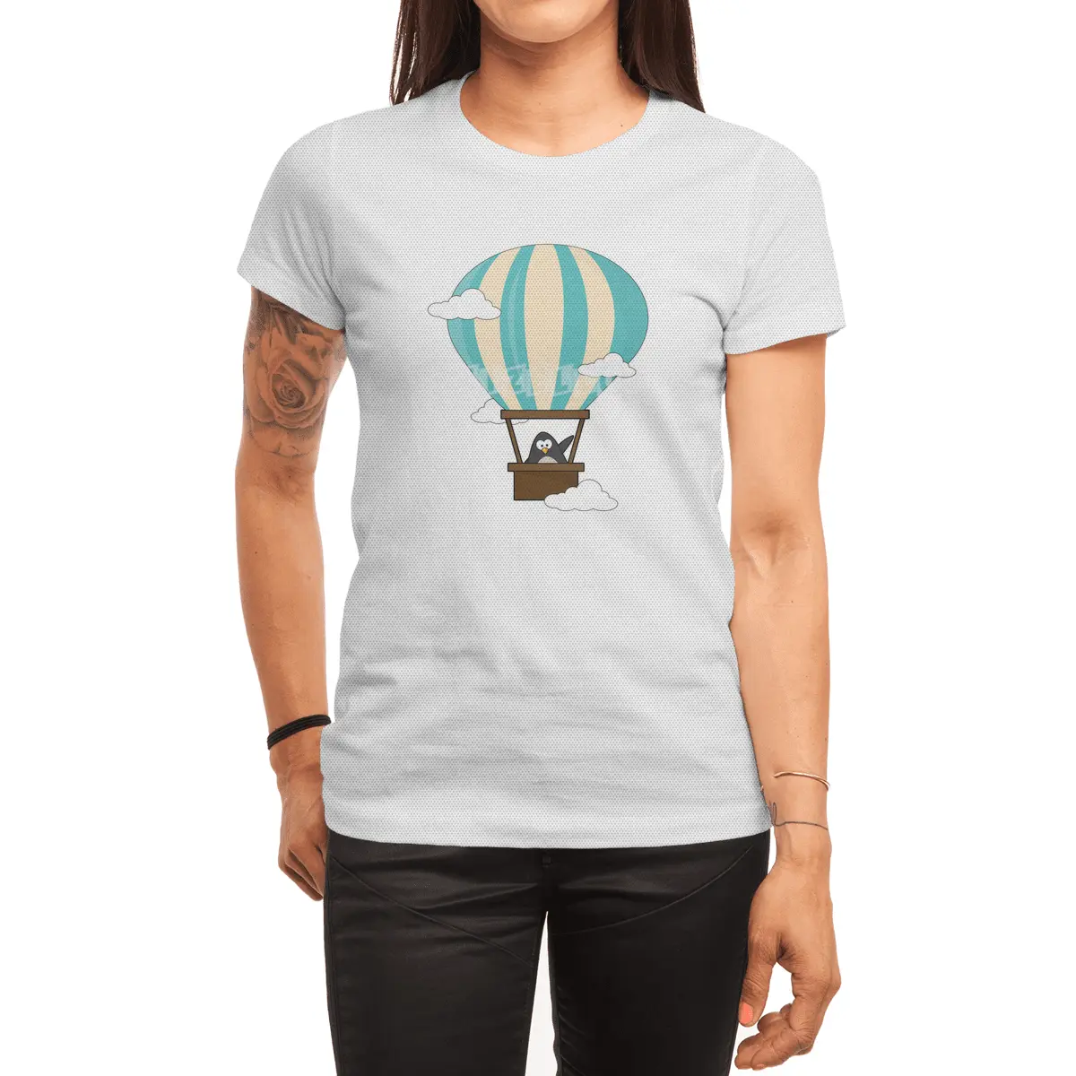 Penguin in Hot air balloon & Clouds Spor T-Shirt