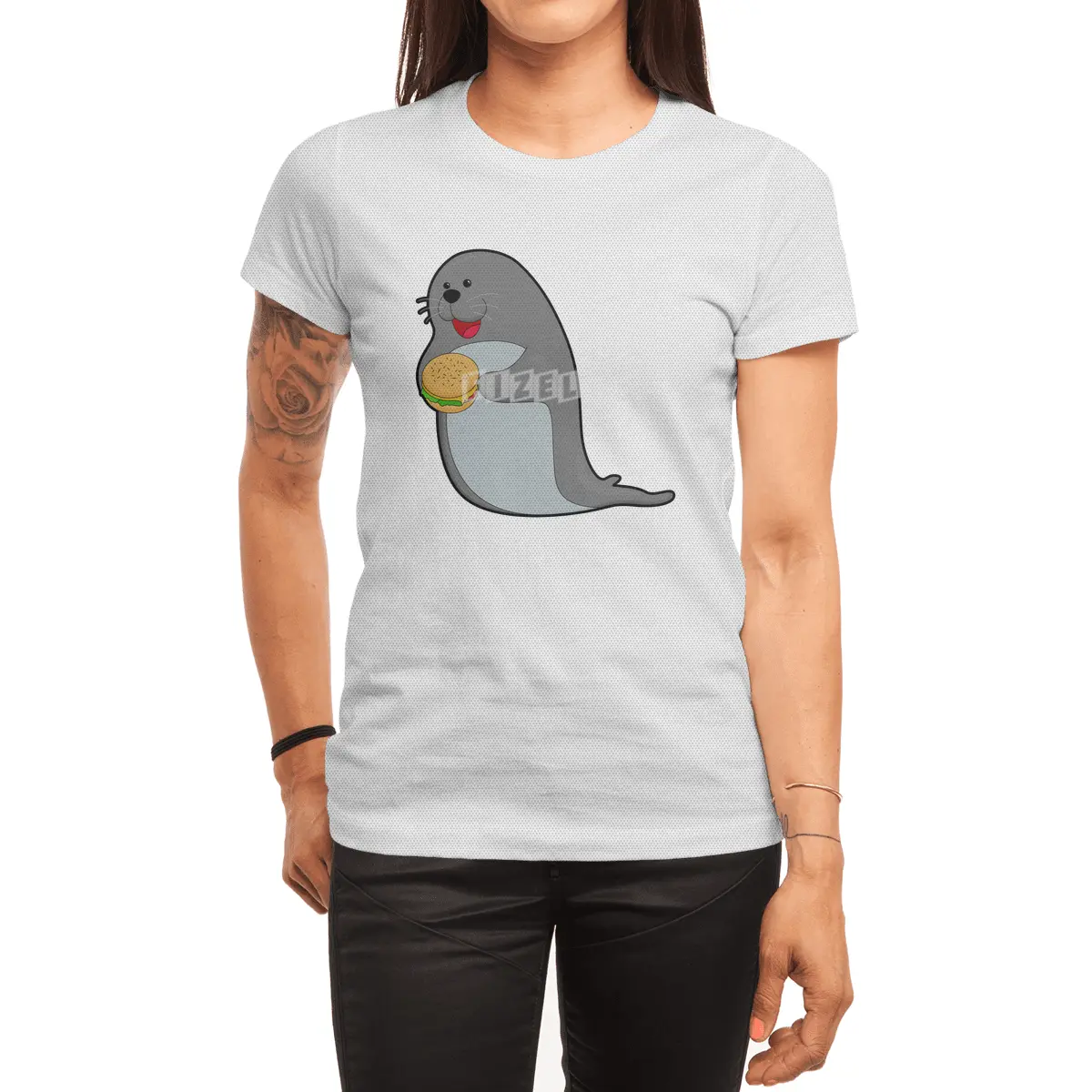 Seal at Eating with Burger Spor T-Shirt